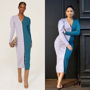 BUSAYO Wool Rib Knit Colorblock Puff Long Sleeve Button Up Sweater Midi Dress L
